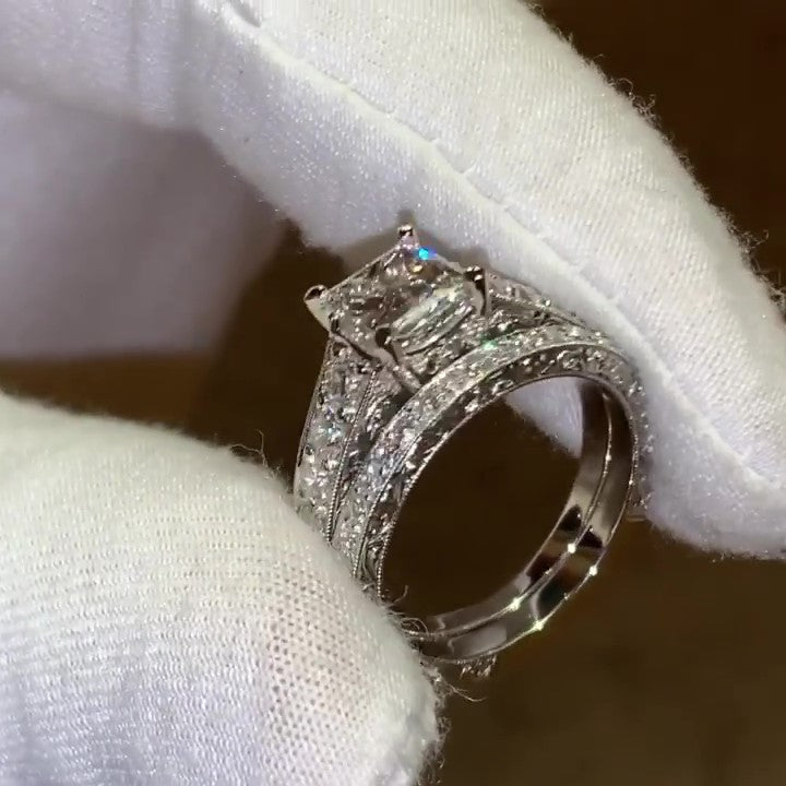 Jorrio handmade princess cut 2 pcs diamond sterling silver bridal wedding ring set