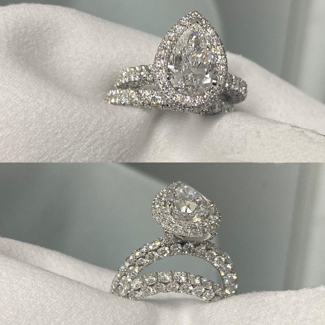 Jorrio handmade pear cut created diamond wedding ring sterling silver bridal set