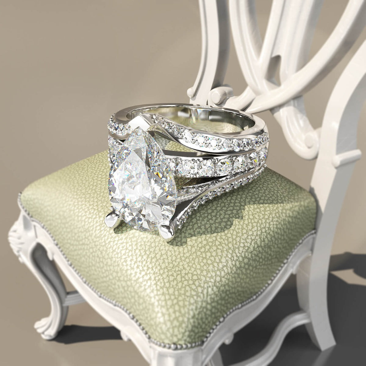 Jorrio pear cut diamond with wave band sterling silver engagement ring