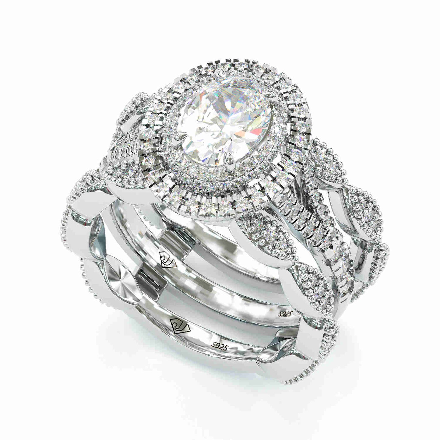 Jorrio handmade oval cut halo sterling silver wedding 2 pcs bridal set