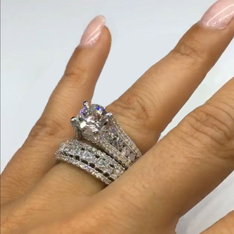 Jorrio handmade 3.0ct round cut with round pave sterling silver wedding ring bridal set