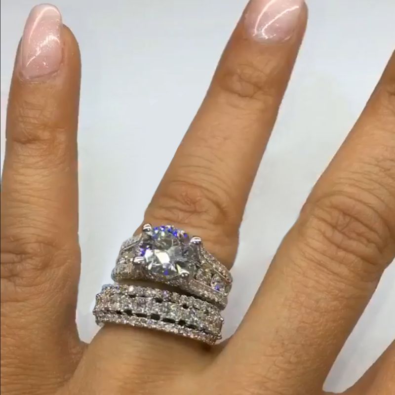 Jorrio handmade 3.0ct round cut with round pave sterling silver wedding ring bridal set