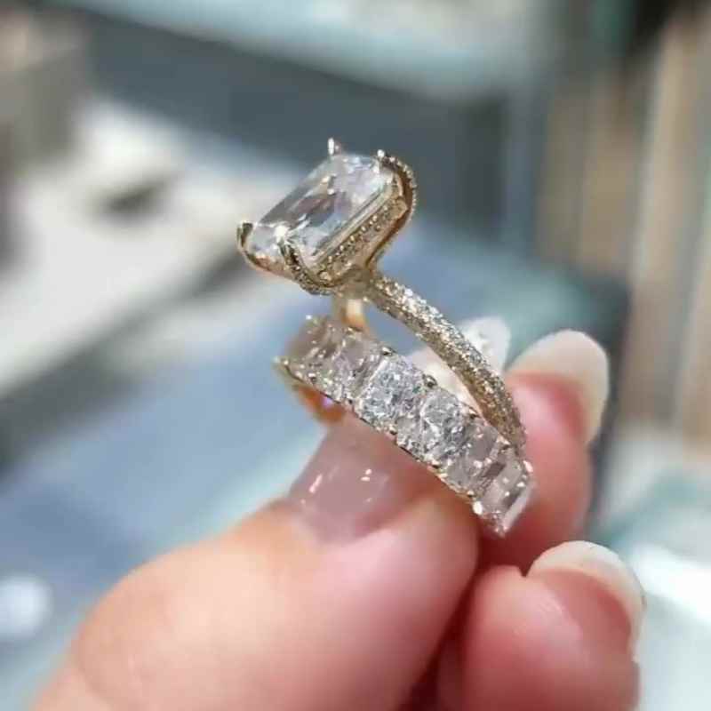 Jorrio handmade gold emerald cut vintage sterling silver wedding ring set
