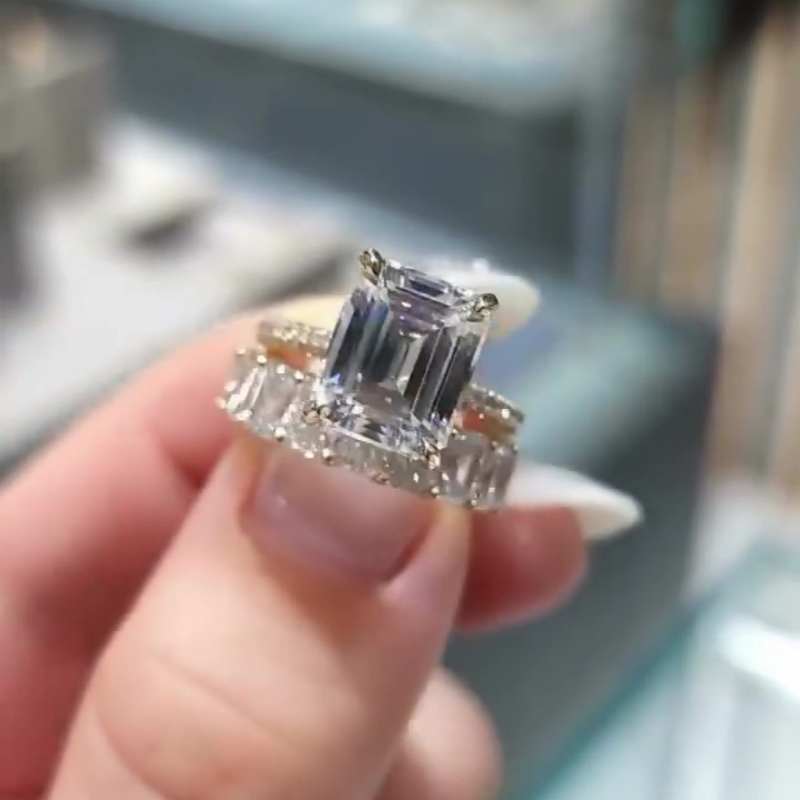 Jorrio handmade gold emerald cut vintage sterling silver wedding ring set