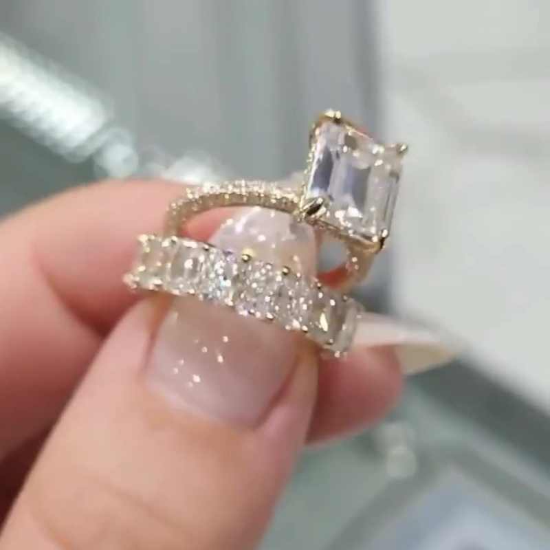 Jorrio handmade gold emerald cut vintage sterling silver wedding ring set
