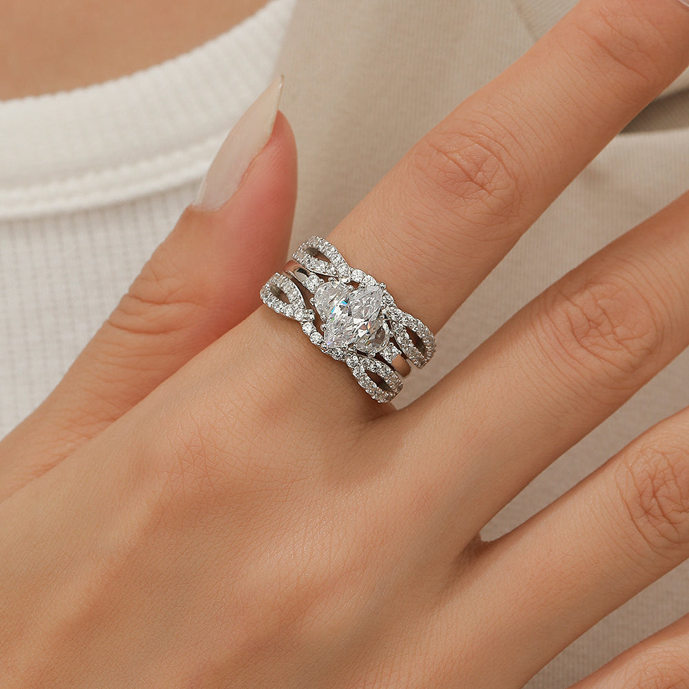 Jorrio handmade 1 ct marquise cut 2 pieces classic sterling silver bridal ring set