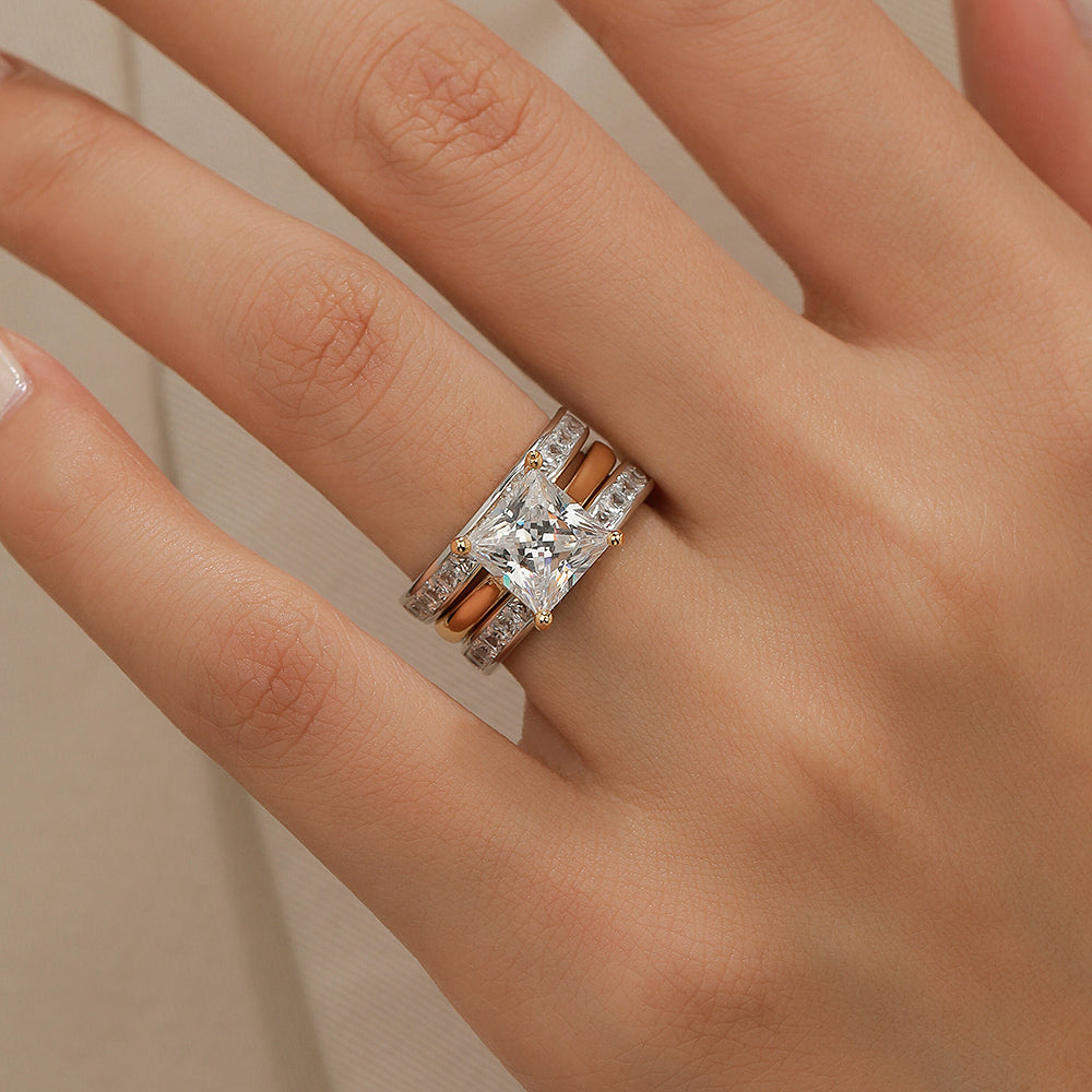Jorrio handmade princess cut two tone anniversary ring wedding ring silver bridal set