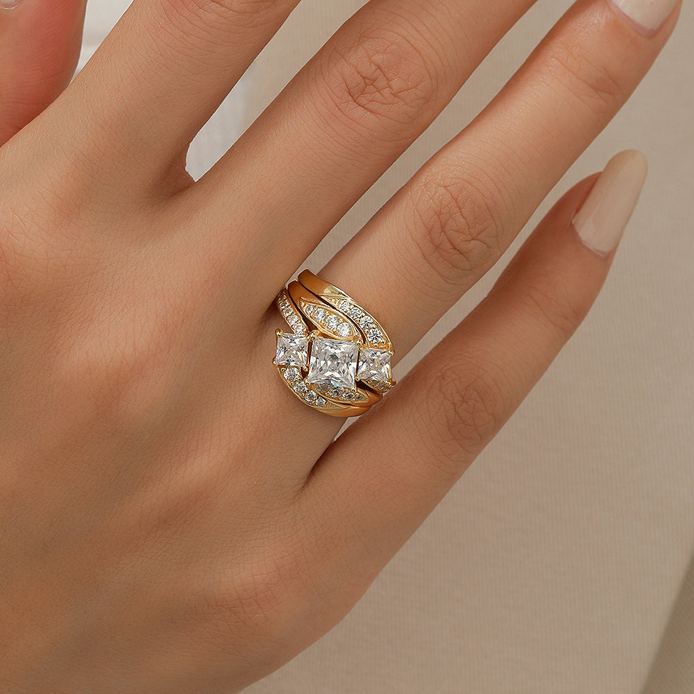 Jorrio princess cut Gold vintage Engagement Wedding ring 3pcs Bridal Set