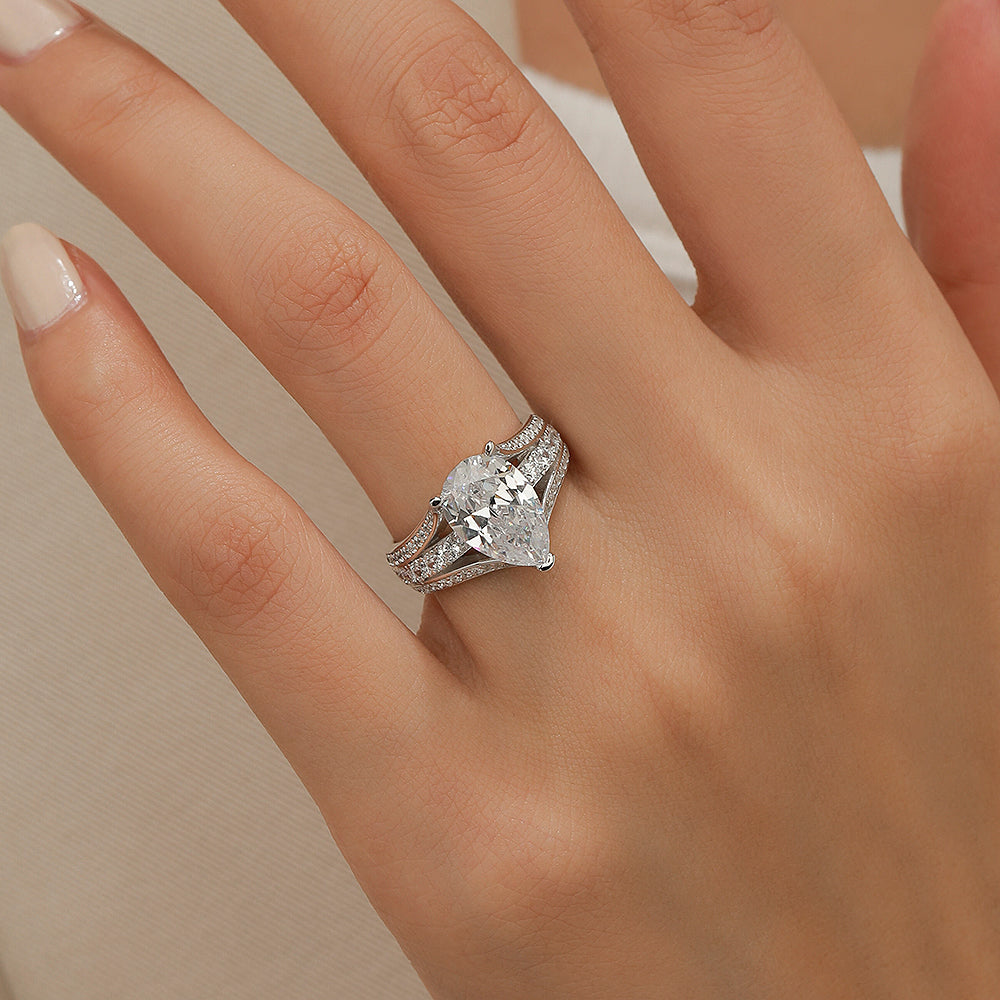 Jorrio pear cut diamond with wave band sterling silver engagement ring