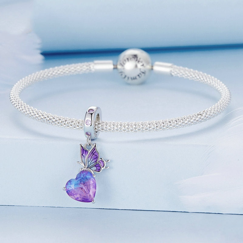 Jorrio Elegant Gradient Purple Heart Butterfly Sterling Silver Charm