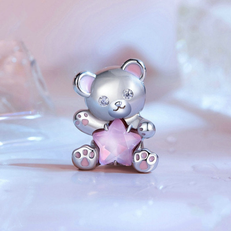 Jorrio Dreamy Sweet Pink Star Bear Animal Sterling Silver Charm