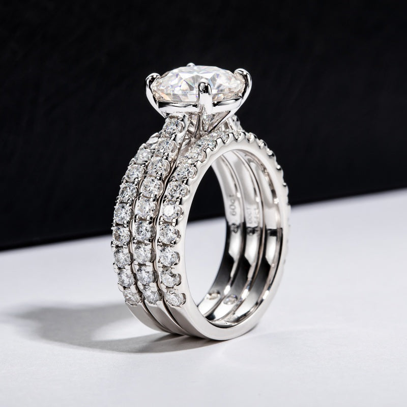 Jorrio handmade 3ct round cut Moissanite D-Color sterling silver wedding ring set