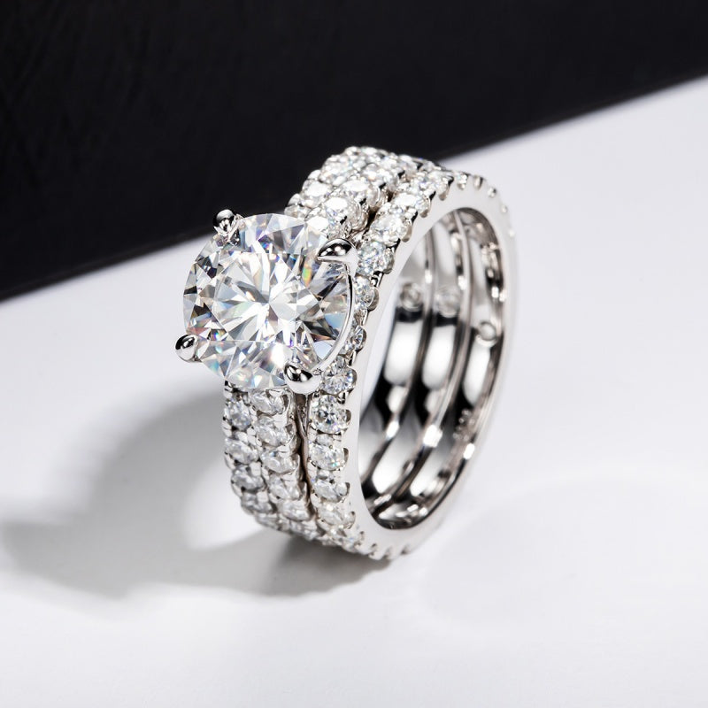 Jorrio handmade 3ct round cut Moissanite D-Color sterling silver wedding ring set