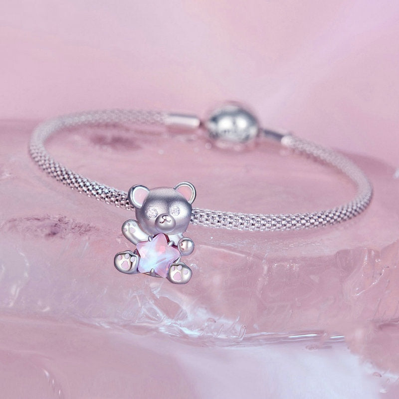 Jorrio Dreamy Sweet Pink Star Bear Animal Sterling Silver Charm