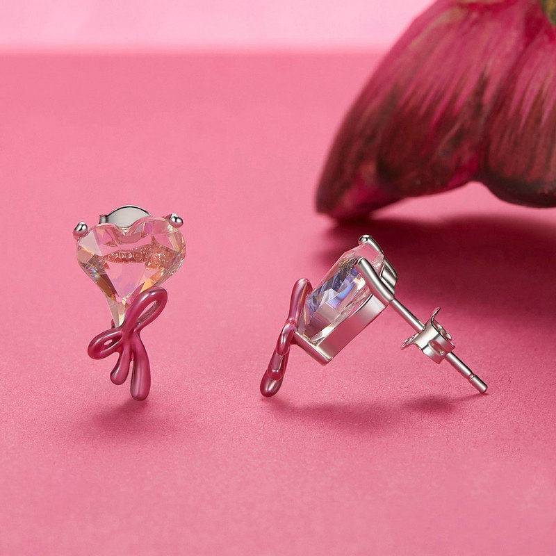 Jorrio Sweet Dreamy Pink Heart Bow Sterling Silver Earrings
