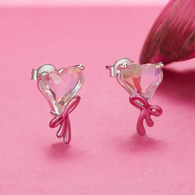 Jorrio Sweet Dreamy Pink Heart Bow Sterling Silver Earrings
