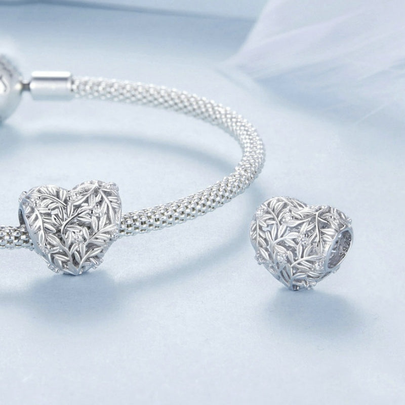 Jorrio Heart Shaped Openwork Leaf Sterling Silver Charm