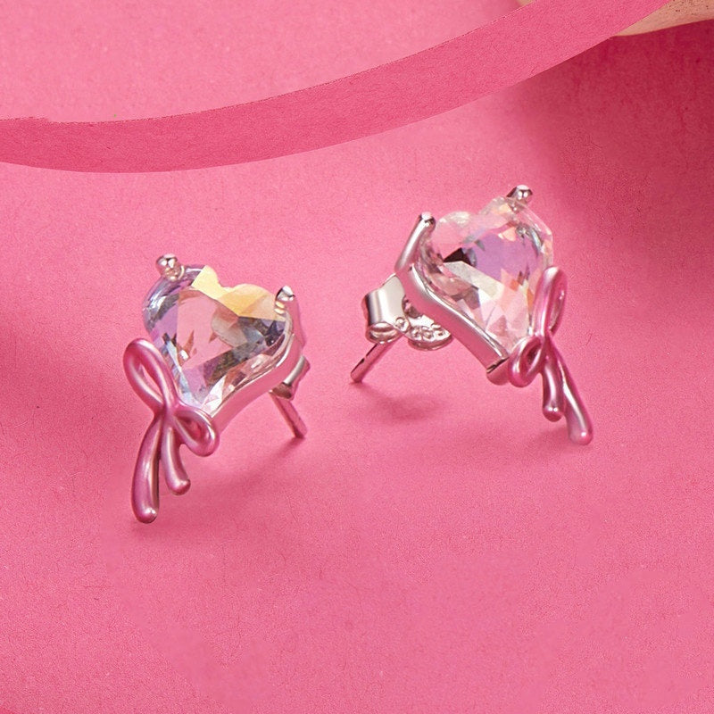 Jorrio Sweet Dreamy Pink Heart Bow Sterling Silver Earrings