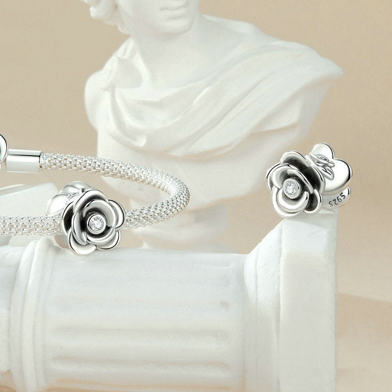 Jorrio Romantic Elegant Vintage Delicate Three-dimensional Rose Flower Sterling Silver Charm