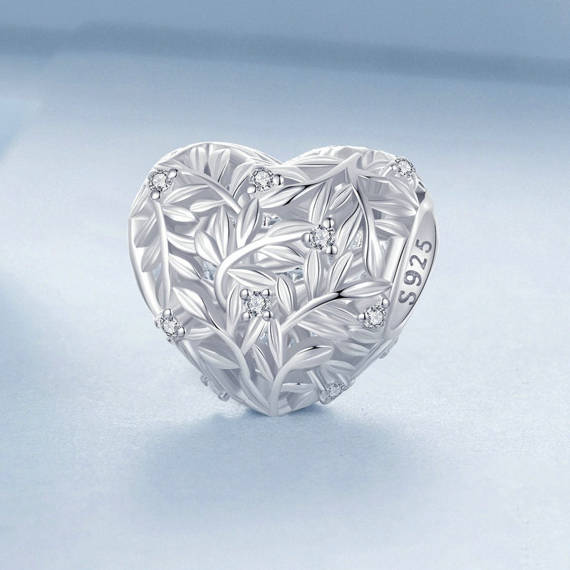 Jorrio Heart Shaped Openwork Leaf Sterling Silver Charm