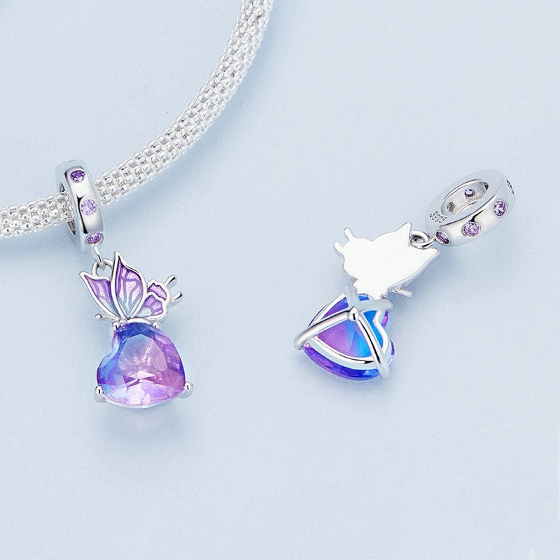 Jorrio Elegant Gradient Purple Heart Butterfly Sterling Silver Charm
