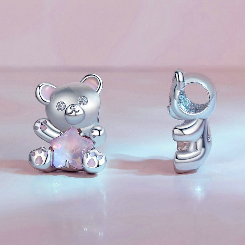 Jorrio Dreamy Sweet Pink Star Bear Animal Sterling Silver Charm