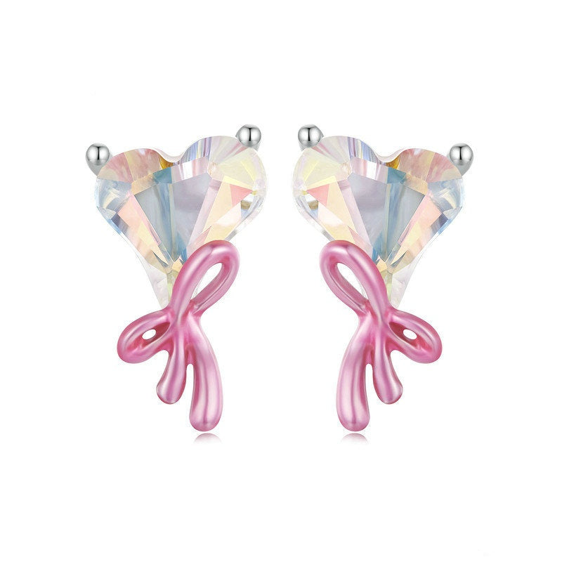 Jorrio Sweet Dreamy Pink Heart Bow Sterling Silver Earrings