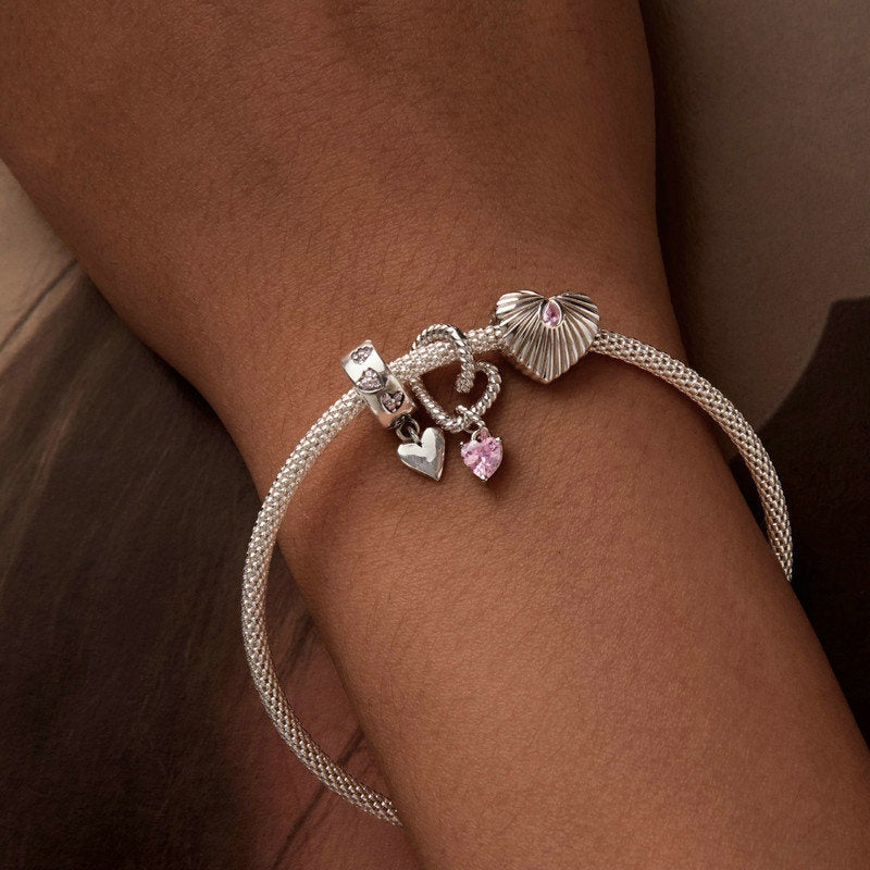Jorrio Romantic Pink Striped Heart Sterling Silver Charm