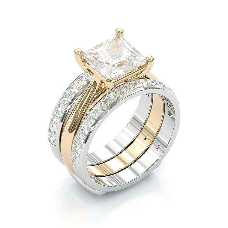 Jorrio handmade princess cut two tone anniversary ring wedding ring silver bridal set