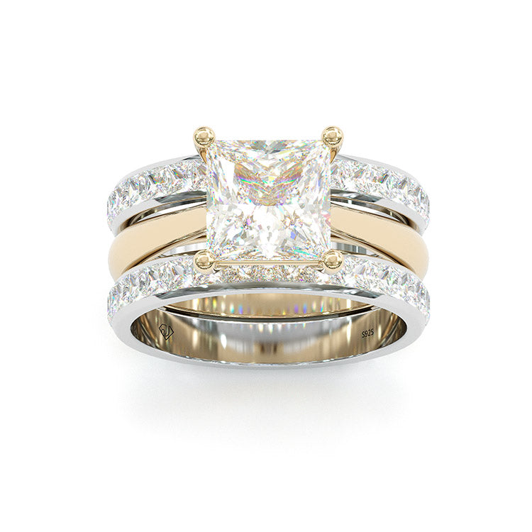 Jorrio handmade princess cut two tone anniversary ring wedding ring silver bridal set