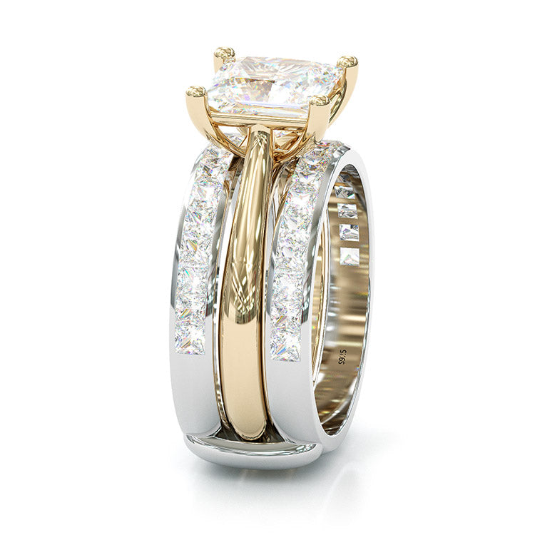 Jorrio handmade princess cut two tone anniversary ring wedding ring silver bridal set