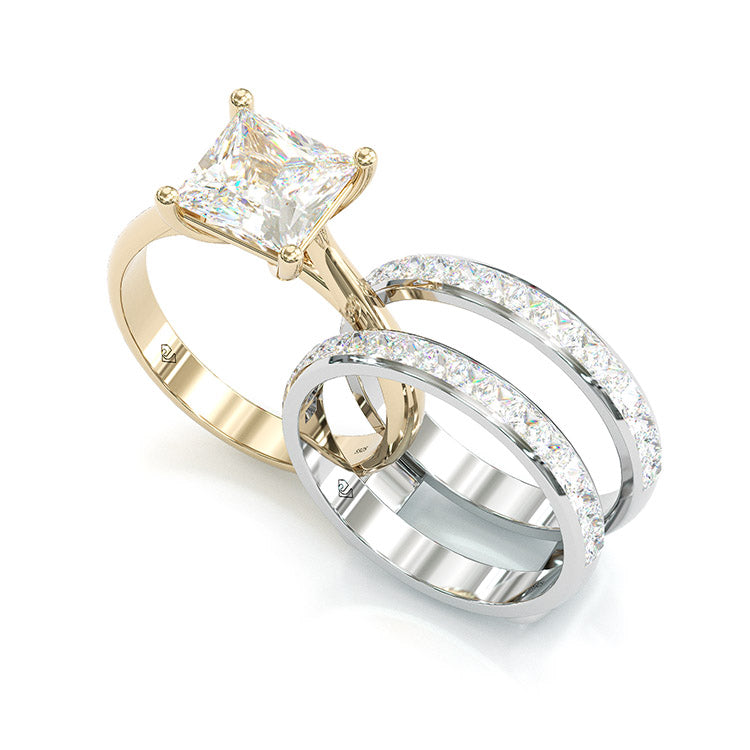 Jorrio handmade princess cut two tone anniversary ring wedding ring silver bridal set