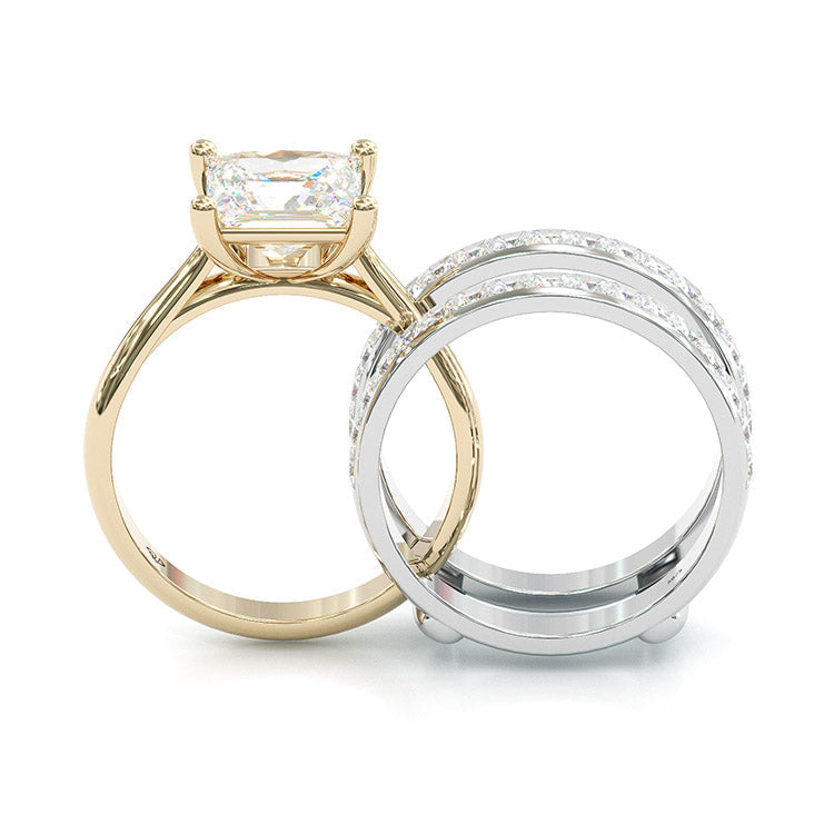 Jorrio handmade princess cut two tone anniversary ring wedding ring silver bridal set