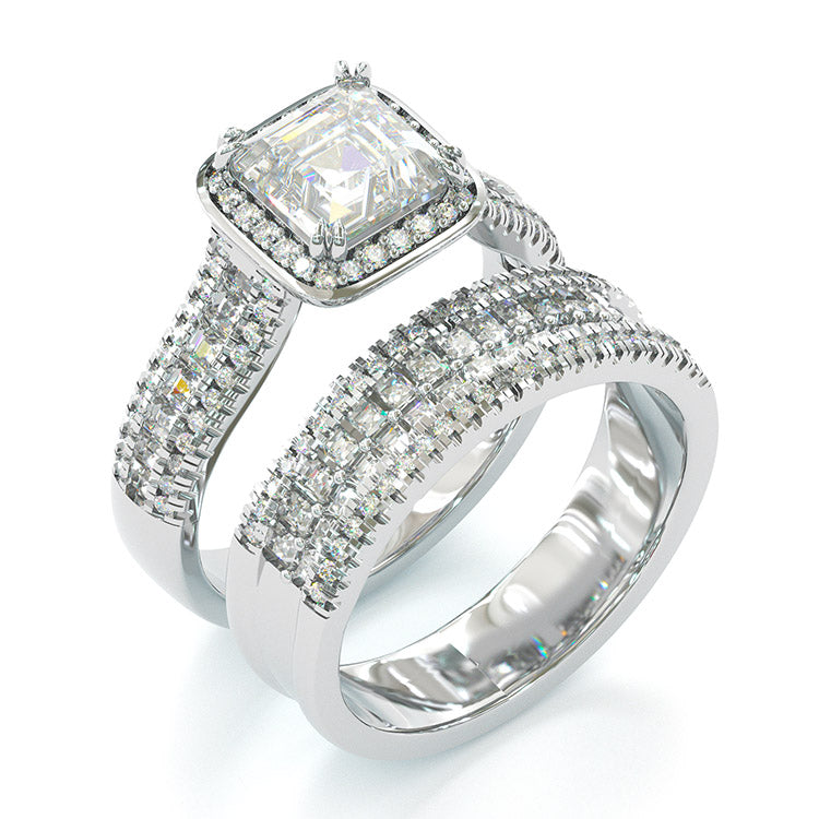 Jorrio handmade vintage princess cut halo created diamond sterling silver wedding ring bridal set