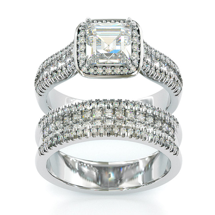 Jorrio handmade vintage princess cut halo created diamond sterling silver wedding ring bridal set
