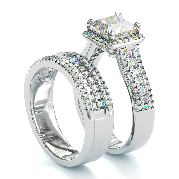 Jorrio handmade vintage princess cut halo created diamond sterling silver wedding ring bridal set