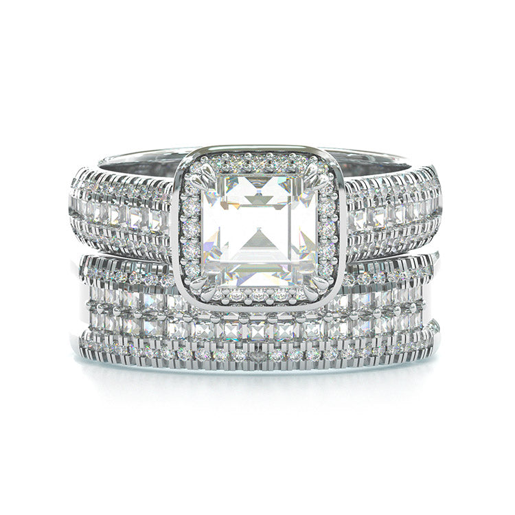 Jorrio handmade vintage princess cut halo created diamond sterling silver wedding ring bridal set