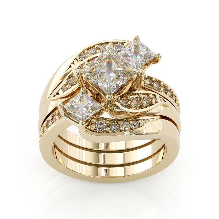 Jorrio princess cut Gold vintage Engagement Wedding ring 3pcs Bridal Set