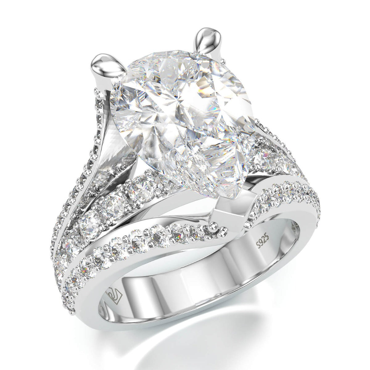 Jorrio pear cut diamond with wave band sterling silver engagement ring