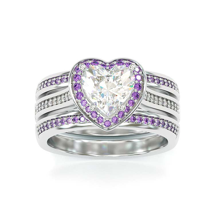 Jorrio Vintage Heart Cut Amethyse Halo Handmade Created Diamond Sterling Silver Wedding Ring