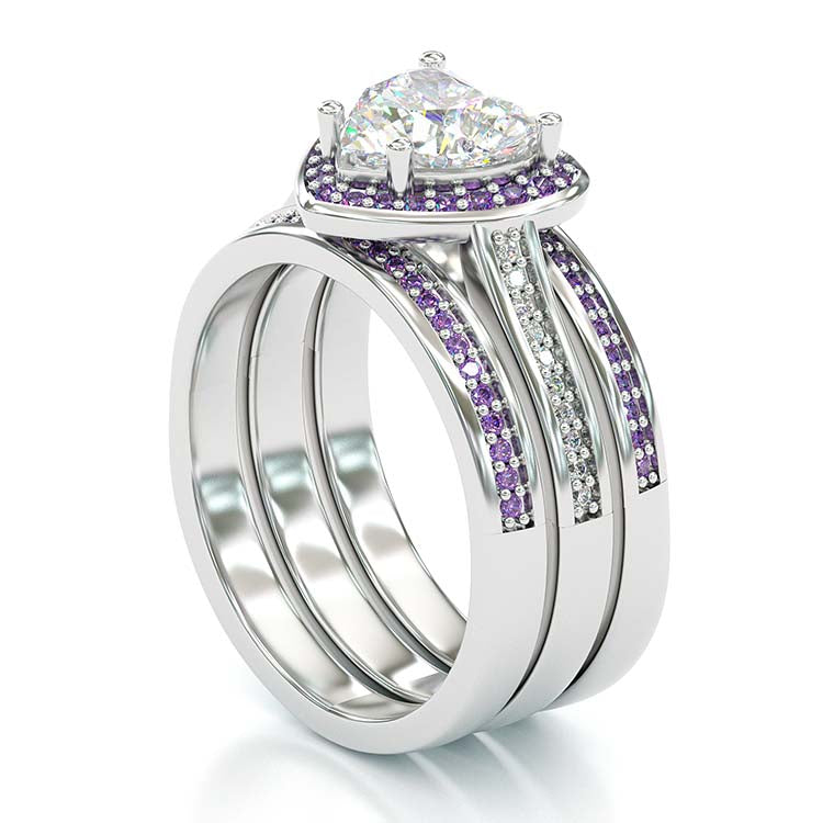 Jorrio Vintage Heart Cut Amethyse Halo Handmade Created Diamond Sterling Silver Wedding Ring