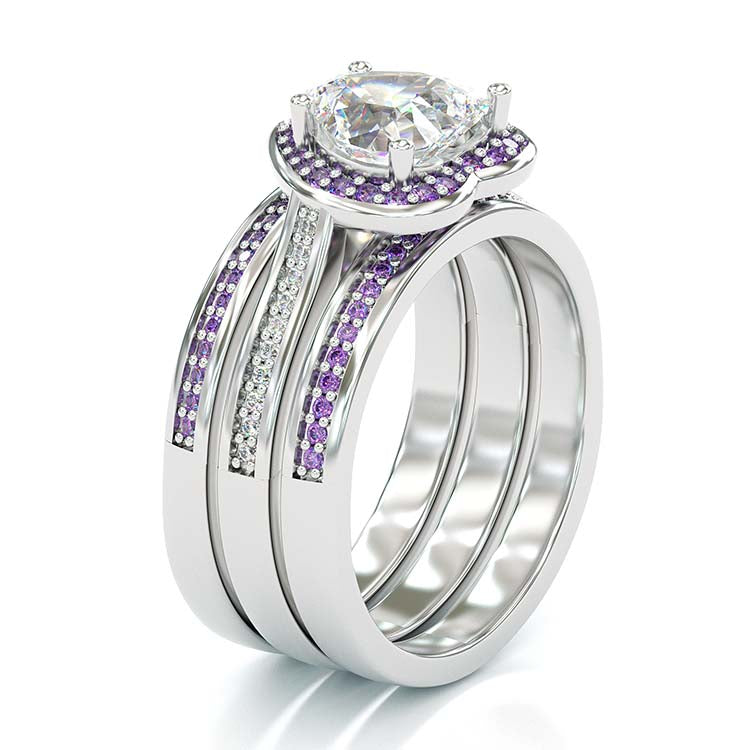 Jorrio Vintage Heart Cut Amethyse Halo Handmade Created Diamond Sterling Silver Wedding Ring