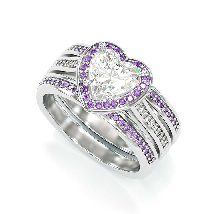 Jorrio Vintage Heart Cut Amethyse Halo Handmade Created Diamond Sterling Silver Wedding Ring