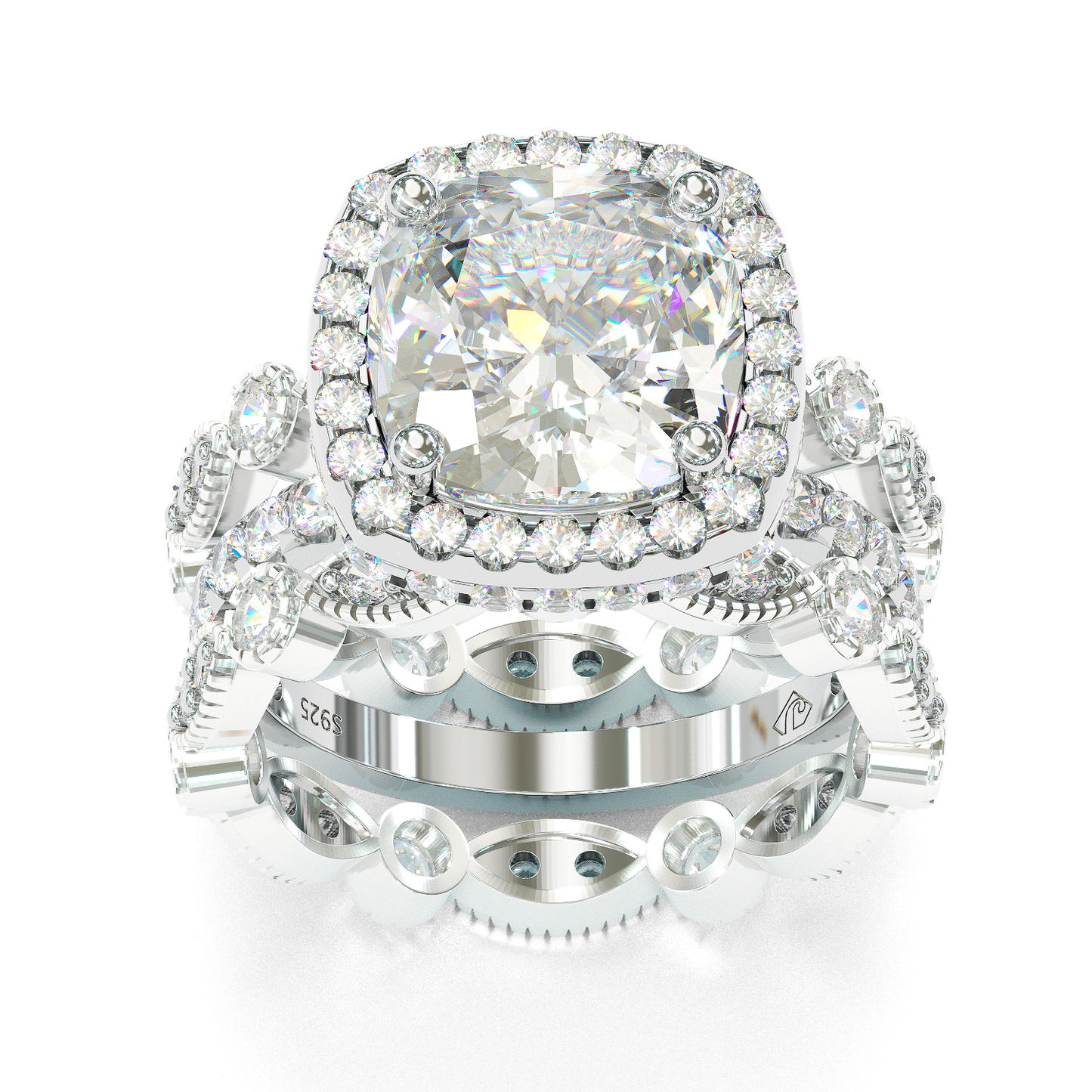 Jorrio handmade created diamond cushion cut sterling silver bridal set