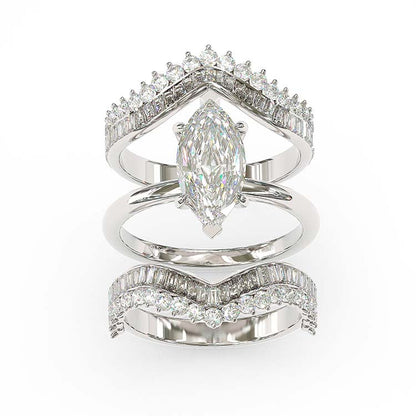 Jorrio handmade 3 ct marquise cut 3 pcs vintage diamond sterling silver wedding bridal ring set