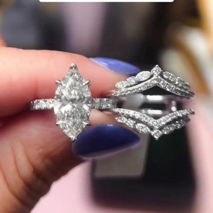 Jorrio Vintage 3 CT Marquise Cut Created 2 PCS Diamond Sterling Silver Bridal Set Wedding Ring