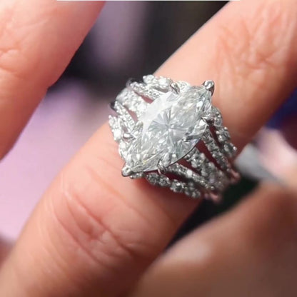Jorrio Vintage 3 CT Marquise Cut Created 2 PCS Diamond Sterling Silver Bridal Set Wedding Ring