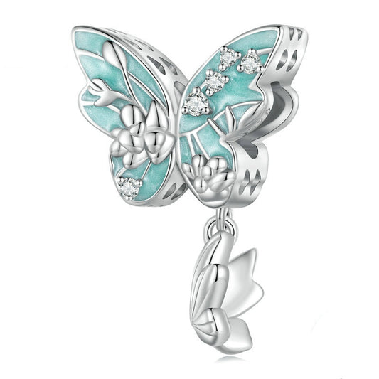 Jorrio Spring Green Flower Butterfly Sterling Silver Charm