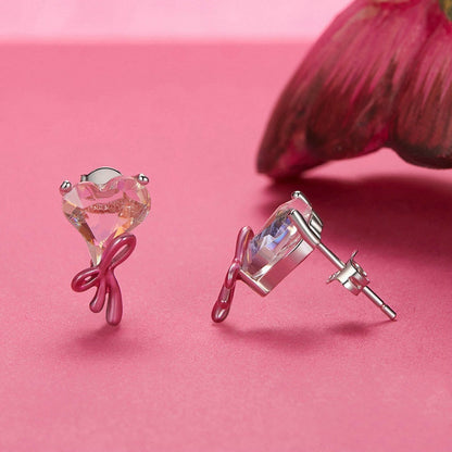 Jorrio Sweet Dreamy Pink Heart Bow Sterling Silver Earrings