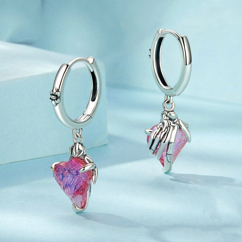 Jorrio Elegant Pink Skull Hand Heart Sterling Silver Earrings